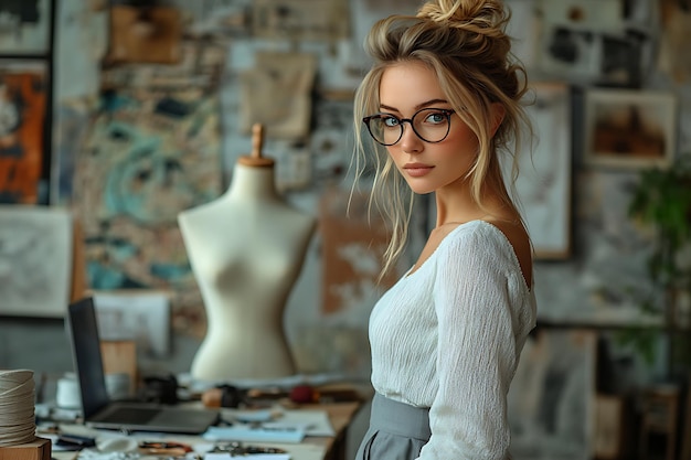 Porträt einer professionellen Designerin, weiblich, elegante Kleidung, kreativ