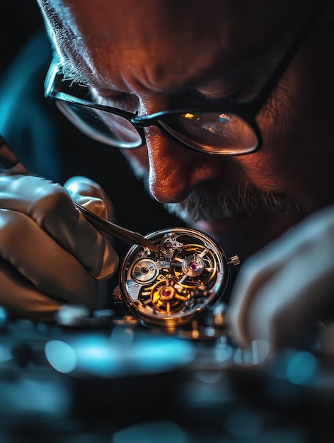 Uhrenreparatur, Mechaniker repariert Luxusuhr, präzise Arbeit, Werkstatt