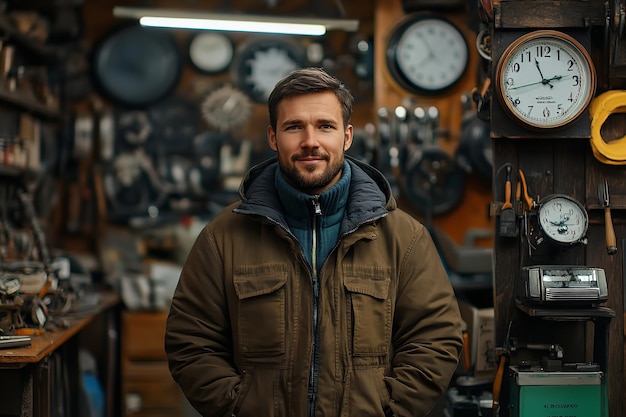 Porträt eines Uhrmachers, männlich, Arbeitskleidung, konzentriert, Werkstatt